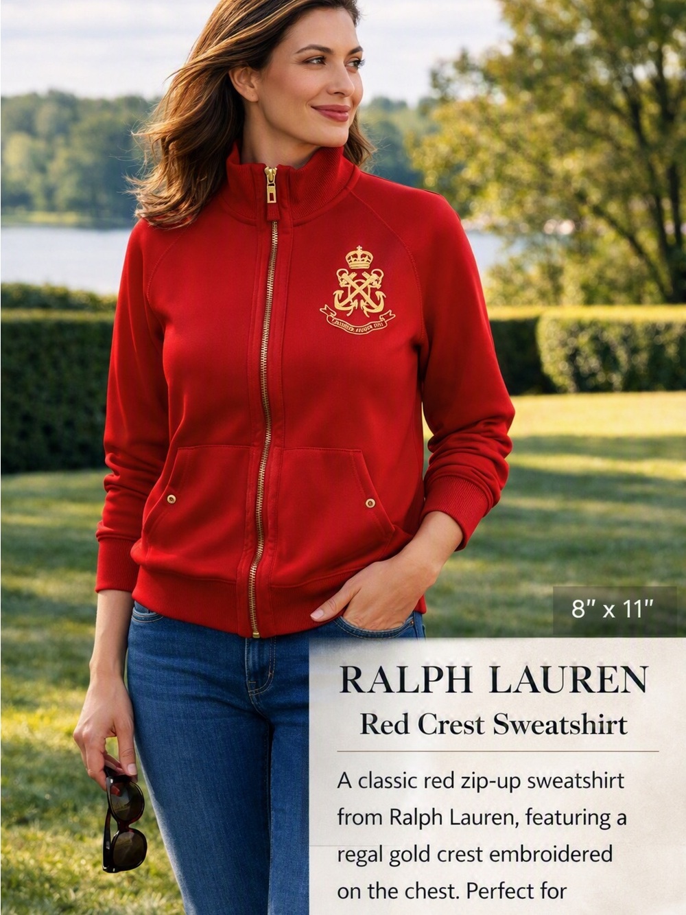 Lauren Ralph Lauren Red Zip-Up Crest Sweatshirt, Size Large